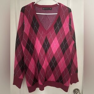 New York & Company Pink and Black Argyle V-Neck Sweater